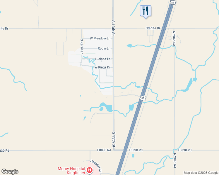 map of restaurants, bars, coffee shops, grocery stores, and more near 801 Kens Road in Kingfisher