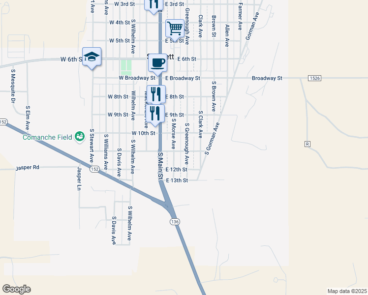 map of restaurants, bars, coffee shops, grocery stores, and more near 1101-7111 South Greenough Avenue in Stinnett