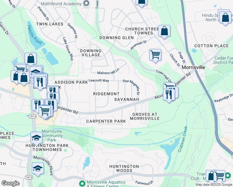 map of restaurants, bars, coffee shops, grocery stores, and more near 133 Fort Jackson Road in Morrisville