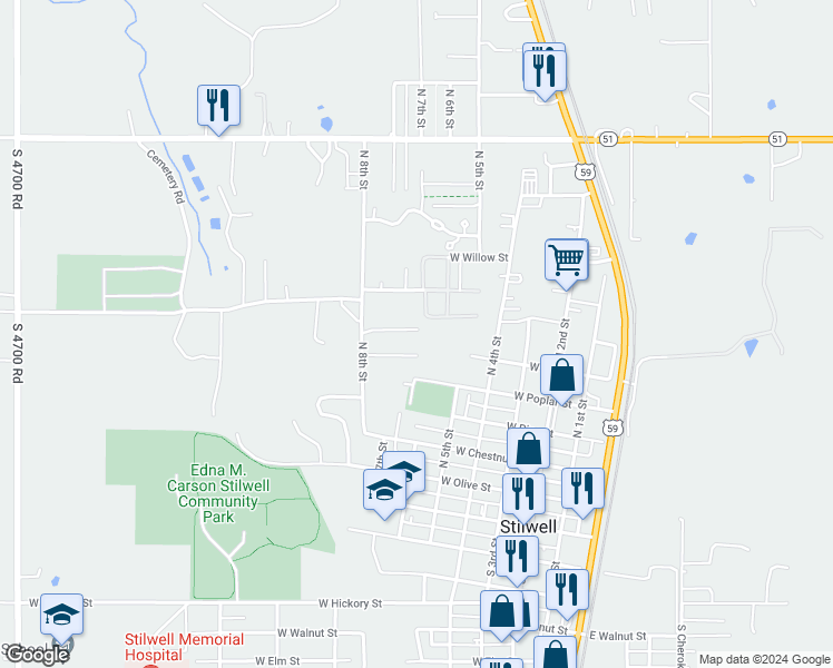 map of restaurants, bars, coffee shops, grocery stores, and more near 602 West Johnson Street in Stilwell