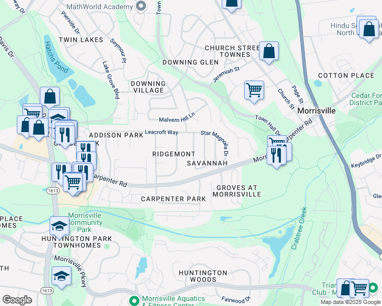 map of restaurants, bars, coffee shops, grocery stores, and more near 133 Fort Jackson Road in Morrisville
