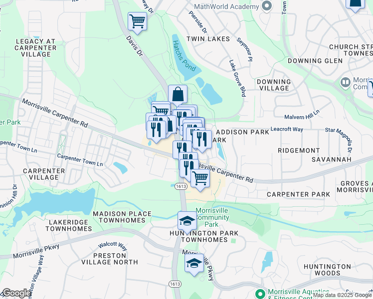 map of restaurants, bars, coffee shops, grocery stores, and more near 3600 Davis Drive in Morrisville