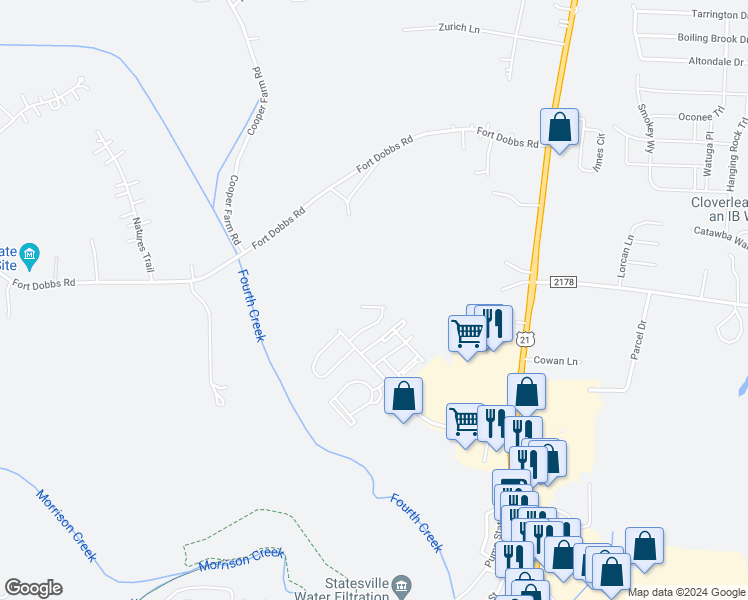 map of restaurants, bars, coffee shops, grocery stores, and more near 202 Wolf Creek Lane in Statesville