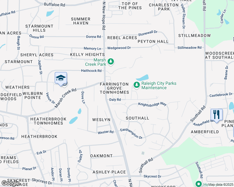 map of restaurants, bars, coffee shops, grocery stores, and more near 4225 Daly Road in Raleigh