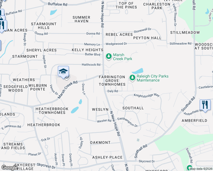 map of restaurants, bars, coffee shops, grocery stores, and more near 2811 Andover Glen Road in Raleigh