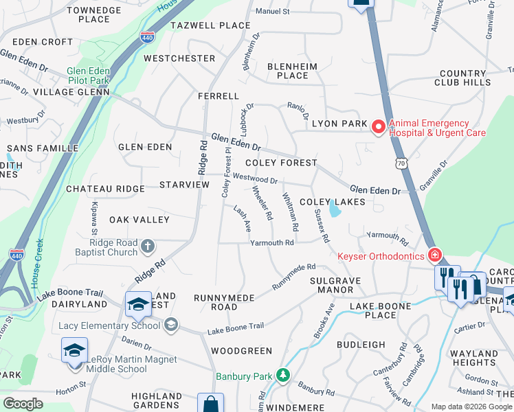 map of restaurants, bars, coffee shops, grocery stores, and more near 2215 Wheeler Road in Raleigh