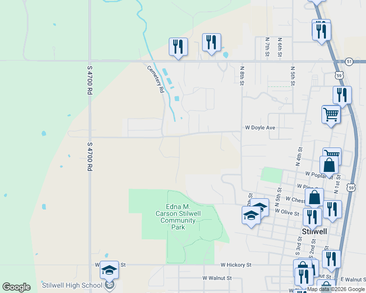 map of restaurants, bars, coffee shops, grocery stores, and more near 1012 Doyle Avenue in Stilwell