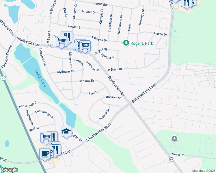 map of restaurants, bars, coffee shops, grocery stores, and more near 2010 Bartway Drive in Murfreesboro