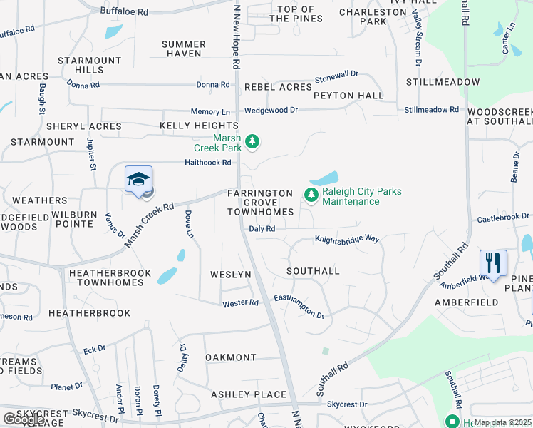 map of restaurants, bars, coffee shops, grocery stores, and more near 4225 Daly Road in Raleigh
