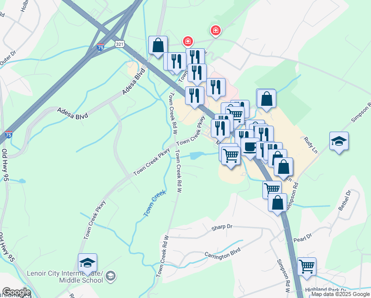 map of restaurants, bars, coffee shops, grocery stores, and more near 11 Old Town Creek Road West in Lenoir City
