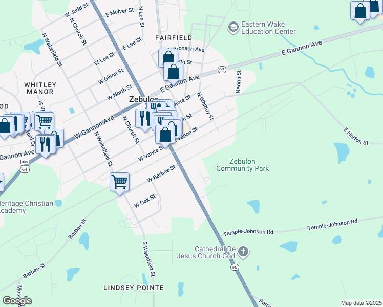 map of restaurants, bars, coffee shops, grocery stores, and more near 133 East Barbee Street in Zebulon