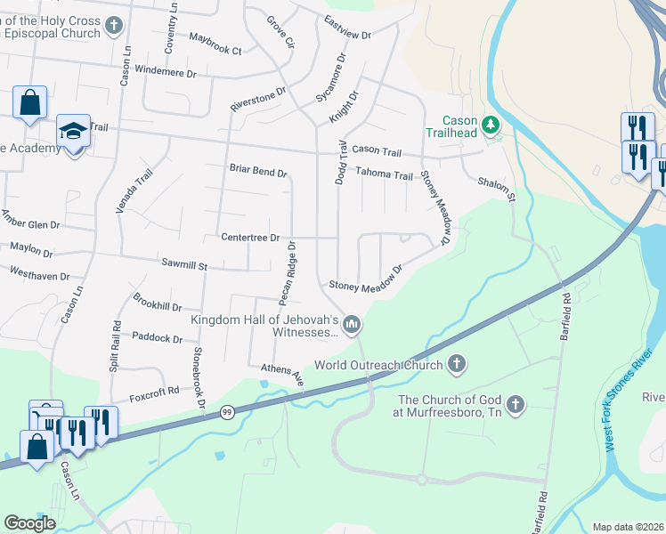 map of restaurants, bars, coffee shops, grocery stores, and more near 1641 Dodd Trail in Murfreesboro
