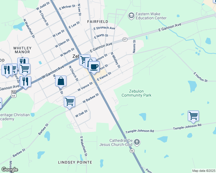 map of restaurants, bars, coffee shops, grocery stores, and more near 133 East Barbee Street in Zebulon