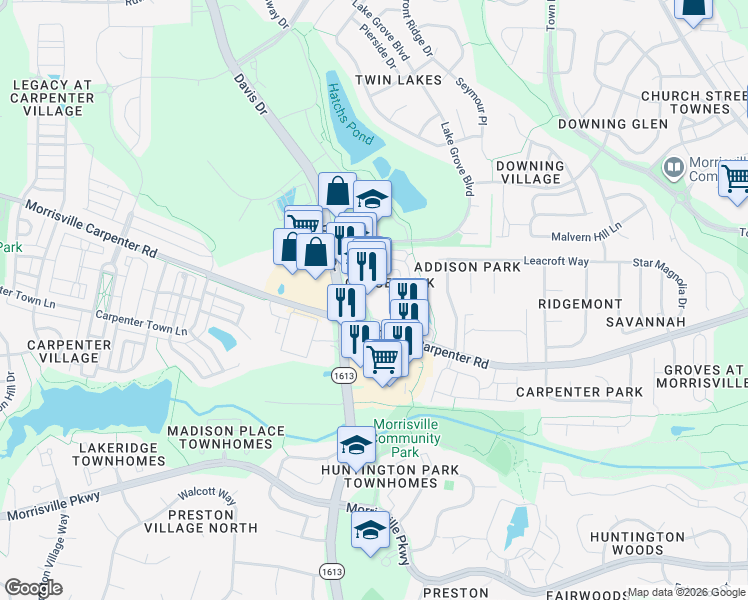 map of restaurants, bars, coffee shops, grocery stores, and more near 3109 Grace Park Drive in Morrisville