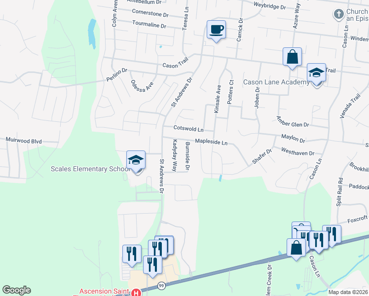 map of restaurants, bars, coffee shops, grocery stores, and more near 2229 Burnside Drive in Murfreesboro