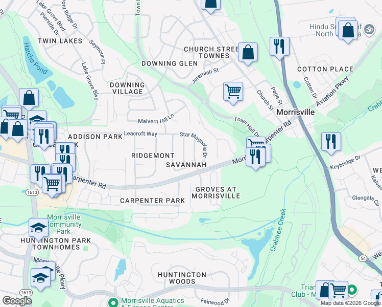 map of restaurants, bars, coffee shops, grocery stores, and more near 100 Old Savannah Drive in Morrisville