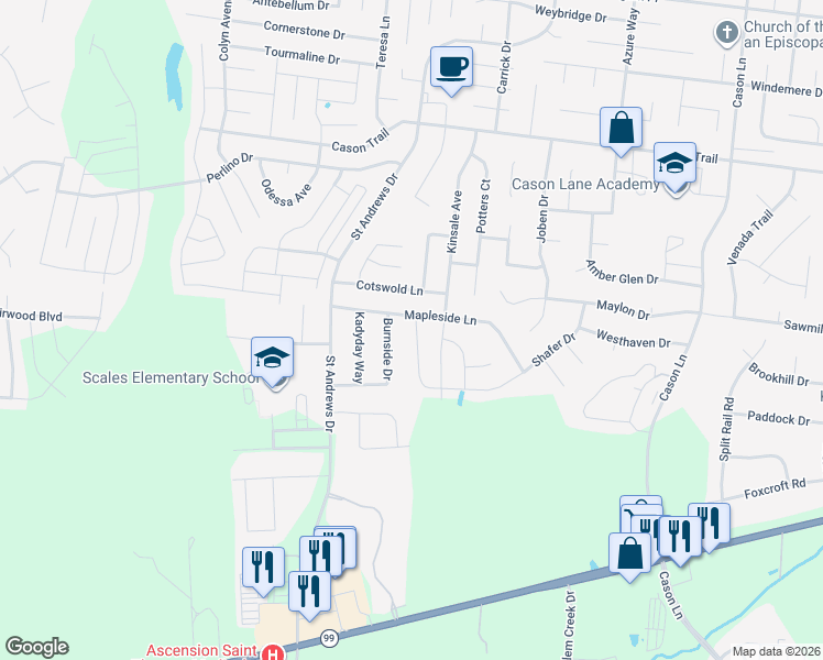 map of restaurants, bars, coffee shops, grocery stores, and more near 2229 Burnside Drive in Murfreesboro