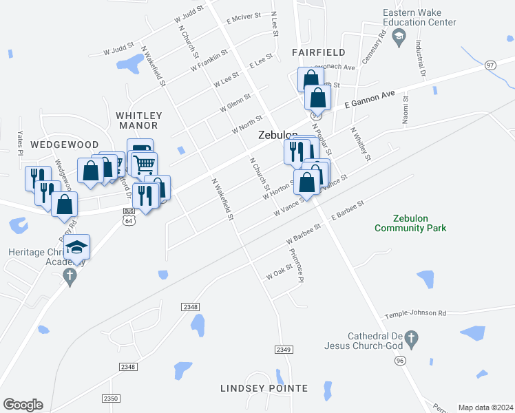 map of restaurants, bars, coffee shops, grocery stores, and more near 209 West Horton Street in Zebulon