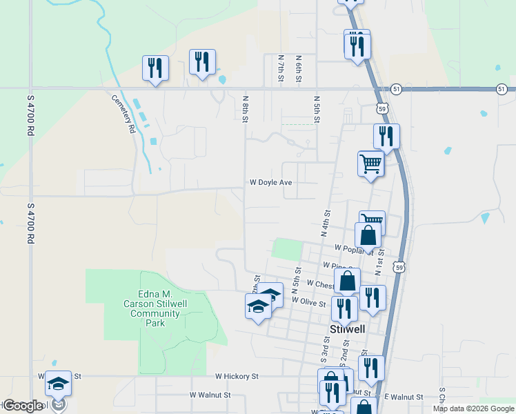 map of restaurants, bars, coffee shops, grocery stores, and more near RR 6 in Adair County