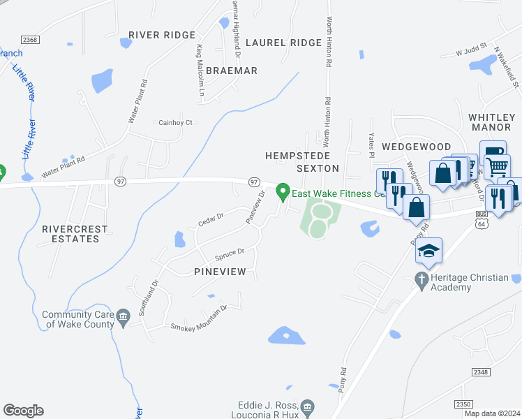 map of restaurants, bars, coffee shops, grocery stores, and more near 301 Harmonica Drive in Zebulon