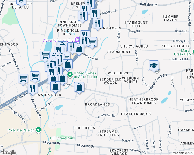 map of restaurants, bars, coffee shops, grocery stores, and more near 3013 Sherry Drive in Raleigh