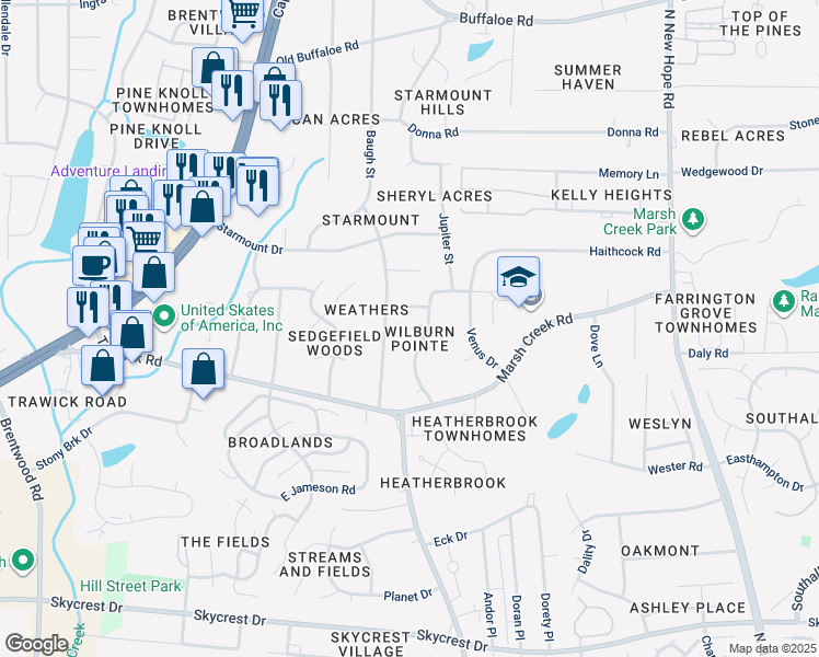 map of restaurants, bars, coffee shops, grocery stores, and more near 3500 Jaybee Court in Raleigh