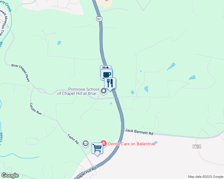 map of restaurants, bars, coffee shops, grocery stores, and more near 9671 US Highway 15 501 North in Chapel Hill