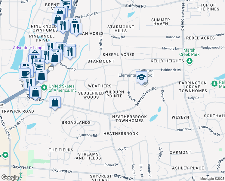map of restaurants, bars, coffee shops, grocery stores, and more near 3500 Jaybee Court in Raleigh