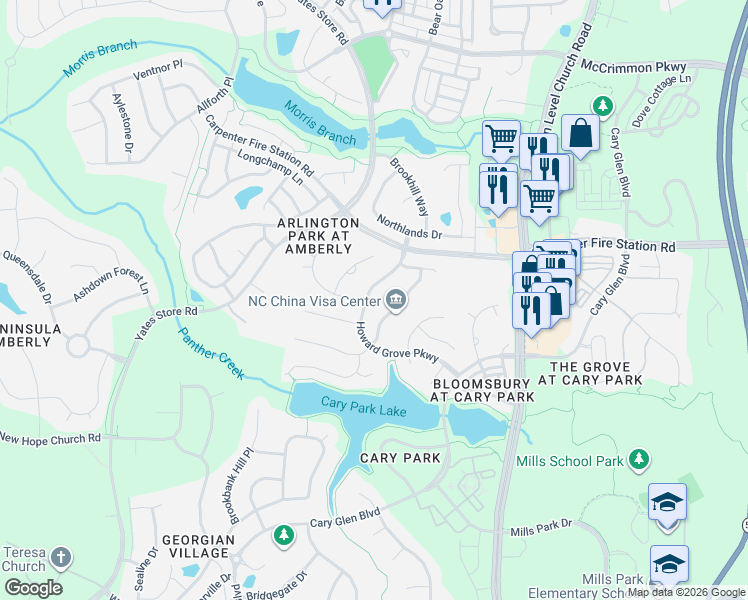 map of restaurants, bars, coffee shops, grocery stores, and more near 421 Howard Grove Parkway in Cary