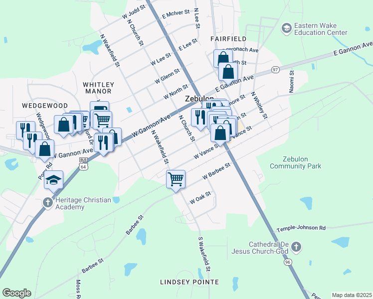 map of restaurants, bars, coffee shops, grocery stores, and more near 205 West Horton Street in Zebulon