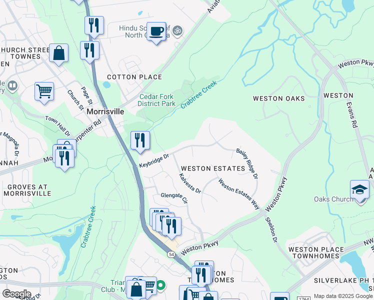 map of restaurants, bars, coffee shops, grocery stores, and more near 100 Bending Branch Court in Morrisville