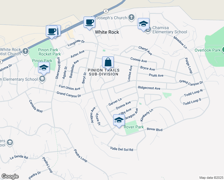 map of restaurants, bars, coffee shops, grocery stores, and more near 290 Grand Canyon Drive in White Rock