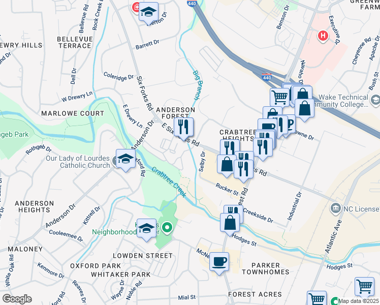 map of restaurants, bars, coffee shops, grocery stores, and more near 210 East Six Forks Road in Raleigh