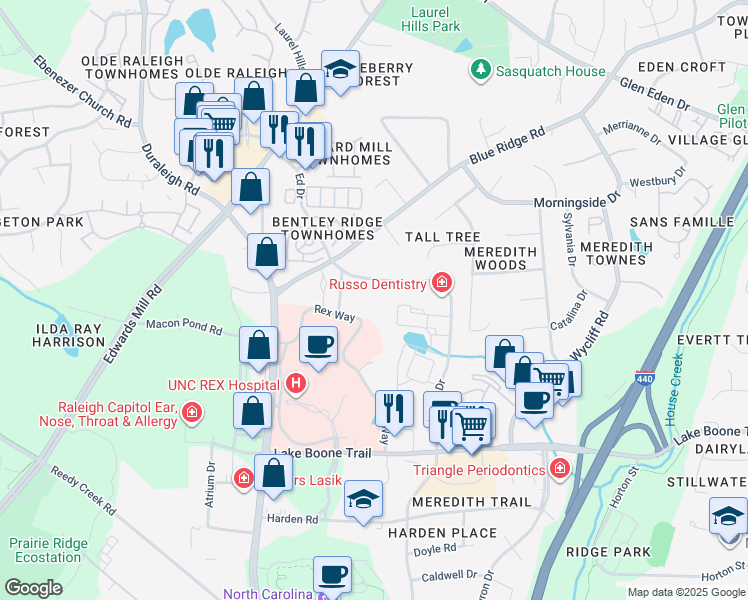 map of restaurants, bars, coffee shops, grocery stores, and more near 2850 Edridge Court in Raleigh
