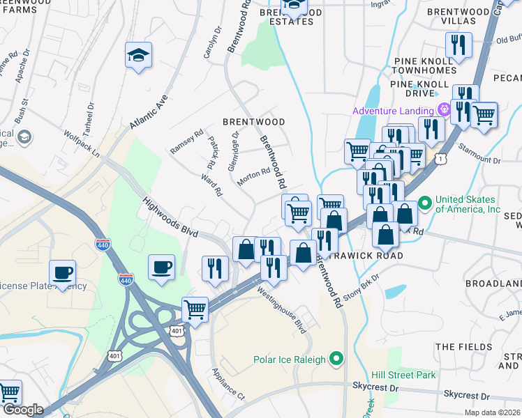 map of restaurants, bars, coffee shops, grocery stores, and more near 2817 Bardwell Road in Raleigh