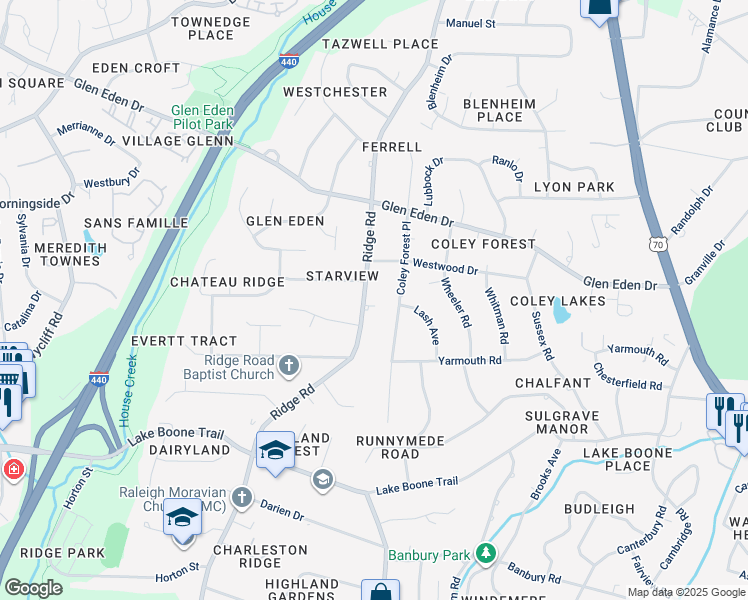 map of restaurants, bars, coffee shops, grocery stores, and more near 2128 Ridge Road in Raleigh