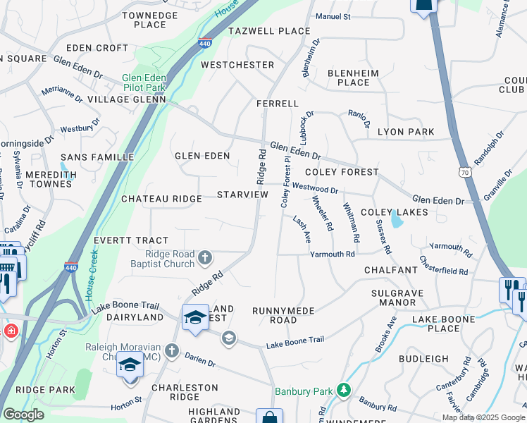 map of restaurants, bars, coffee shops, grocery stores, and more near 2128 Ridge Road in Raleigh