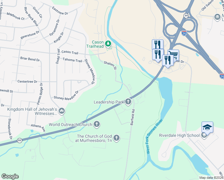 map of restaurants, bars, coffee shops, grocery stores, and more near 2011 Stoney Meadow Drive in Murfreesboro