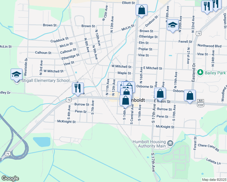 map of restaurants, bars, coffee shops, grocery stores, and more near 200 North 12th Avenue in Humboldt