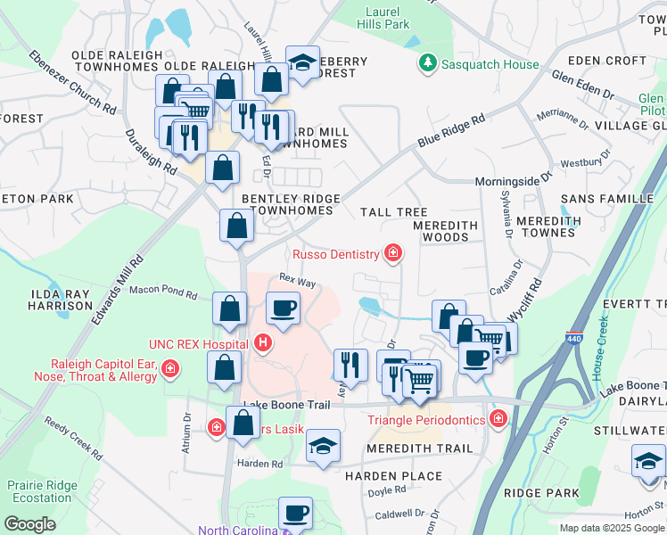 map of restaurants, bars, coffee shops, grocery stores, and more near 2850 Edridge Court in Raleigh