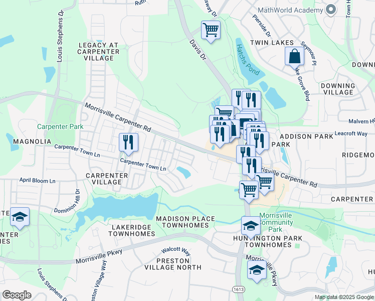 map of restaurants, bars, coffee shops, grocery stores, and more near 107 Ivy Tree Place in Cary