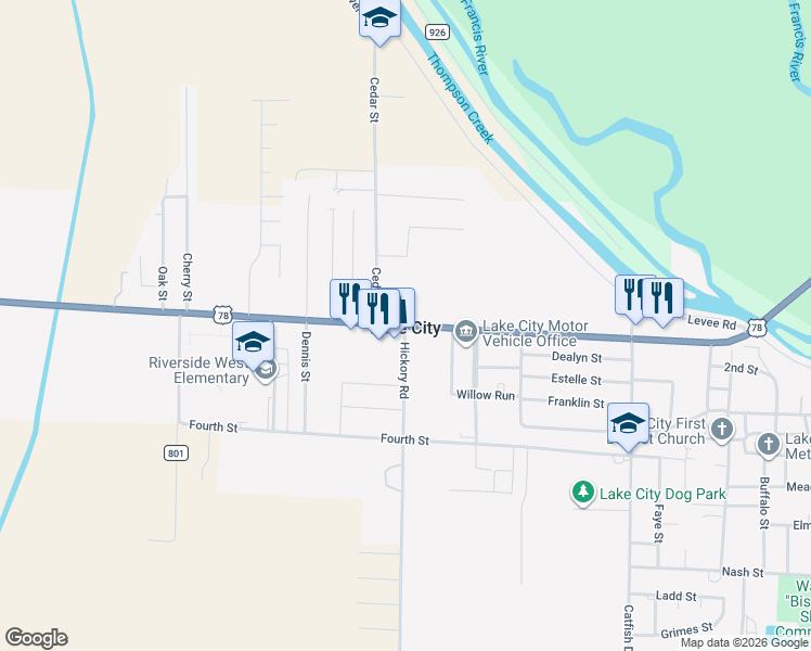 map of restaurants, bars, coffee shops, grocery stores, and more near 101 Hickory Road in Lake City