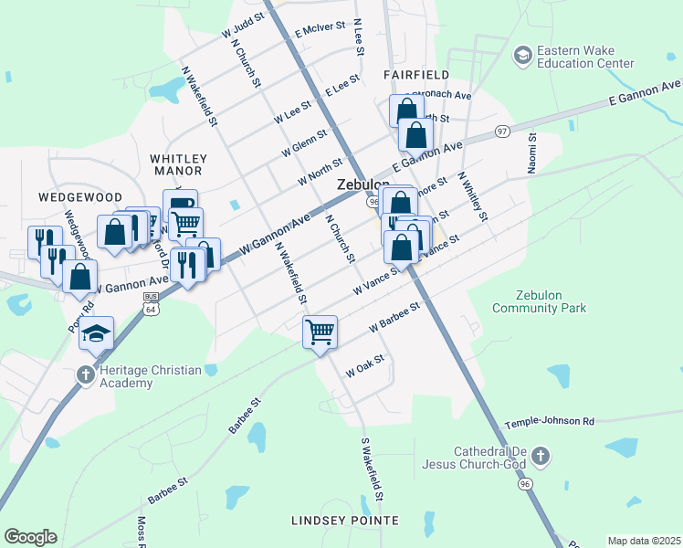 map of restaurants, bars, coffee shops, grocery stores, and more near 118 West Horton Street in Zebulon