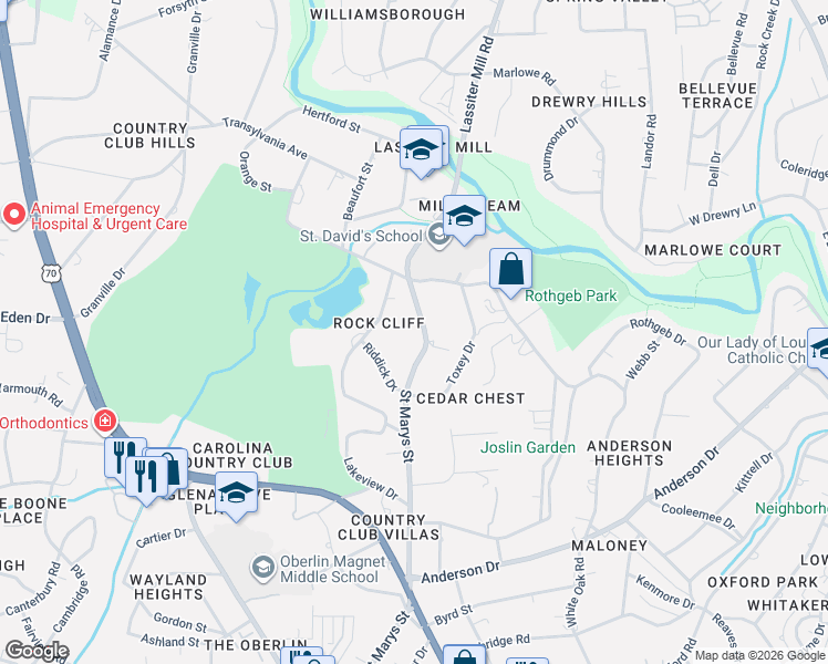 map of restaurants, bars, coffee shops, grocery stores, and more near 2727 Saint Marys Street in Raleigh