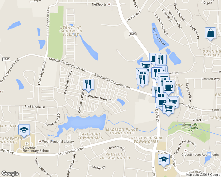 map of restaurants, bars, coffee shops, grocery stores, and more near 107 Potomac Grove Place in Cary