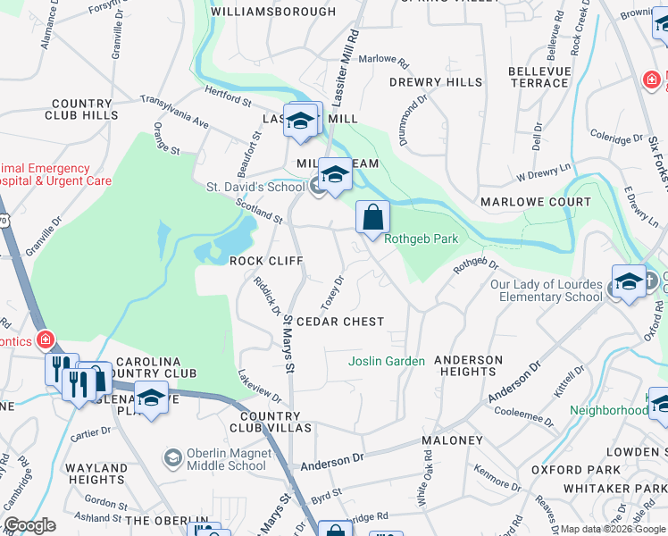 map of restaurants, bars, coffee shops, grocery stores, and more near 2765 Toxey Drive in Raleigh