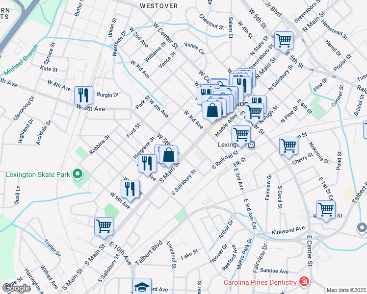 map of restaurants, bars, coffee shops, grocery stores, and more near 408 South Main Street in Lexington
