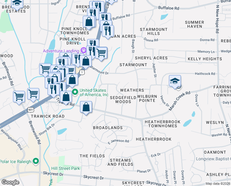 map of restaurants, bars, coffee shops, grocery stores, and more near 3109 Sedgefield Pines Lane in Raleigh