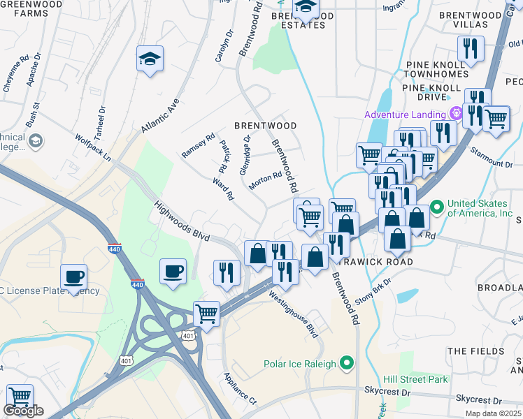map of restaurants, bars, coffee shops, grocery stores, and more near 3001 Glenridge Drive in Raleigh