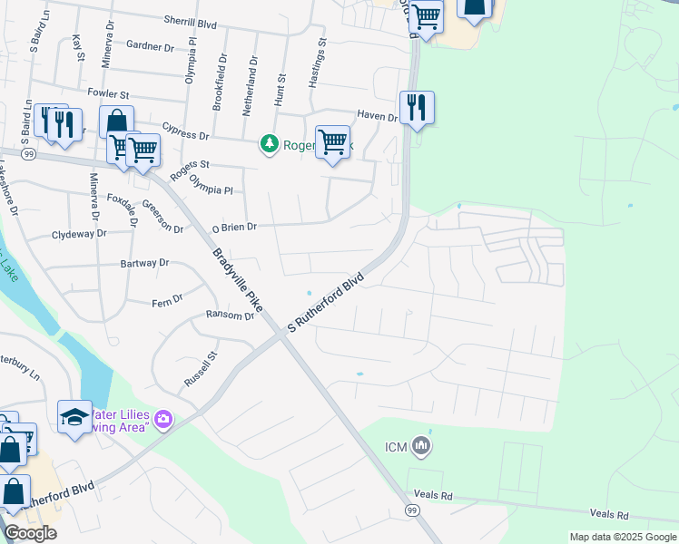 map of restaurants, bars, coffee shops, grocery stores, and more near 2318 Aspen Avenue in Murfreesboro
